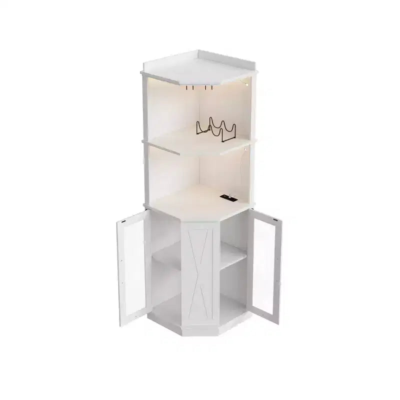 Whisen Farmhouse Corner Bar Cabinet with Wine Storage, Multifunctional Coffee Bar Buffet Sideboard