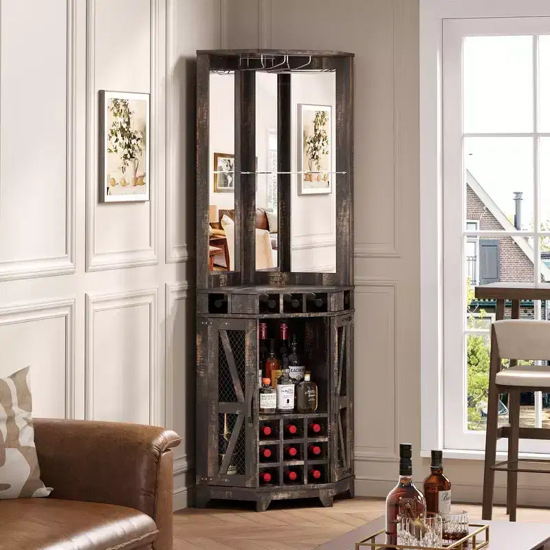Whisen Farmhouse Corner Bar Cabinet with Wine Storage, Multifunctional Coffee Bar Buffet Sideboard
