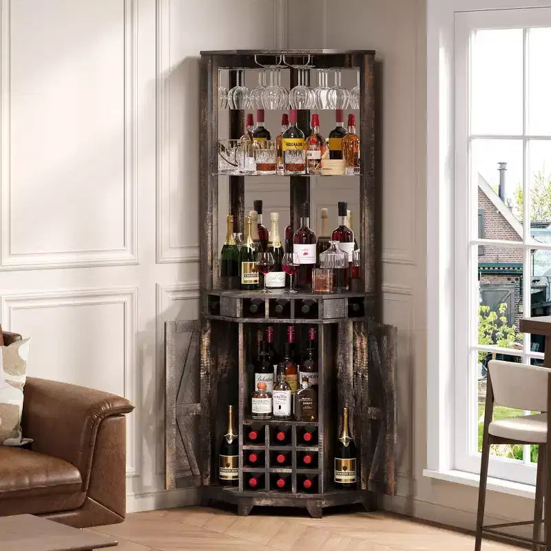 Whisen Farmhouse Corner Bar Cabinet with Wine Storage, Multifunctional Coffee Bar Buffet Sideboard