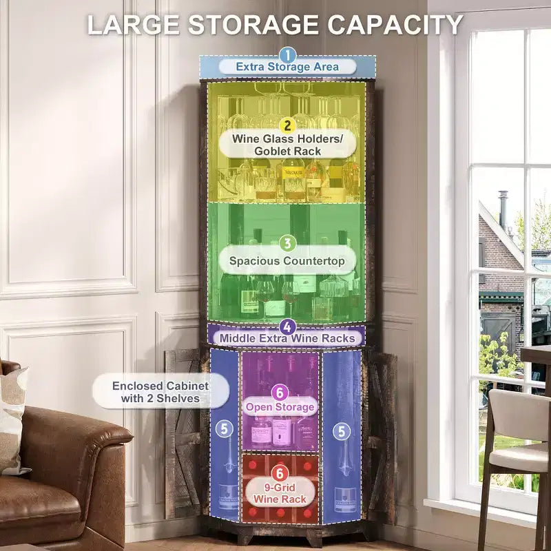 Whisen Farmhouse Corner Bar Cabinet with Wine Storage, Multifunctional Coffee Bar Buffet Sideboard