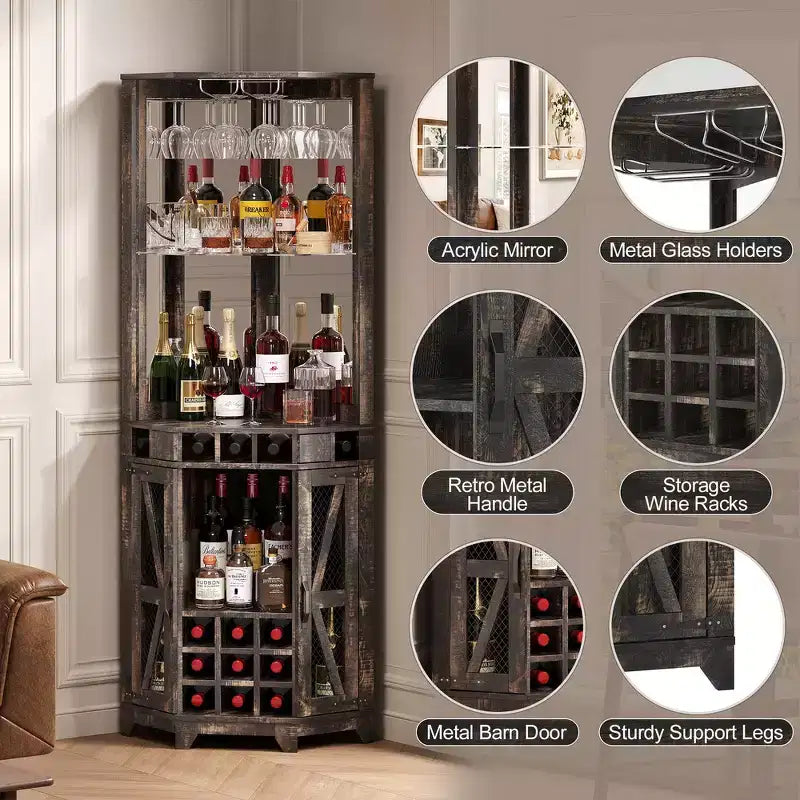 Whisen Farmhouse Corner Bar Cabinet with Wine Storage, Multifunctional Coffee Bar Buffet Sideboard