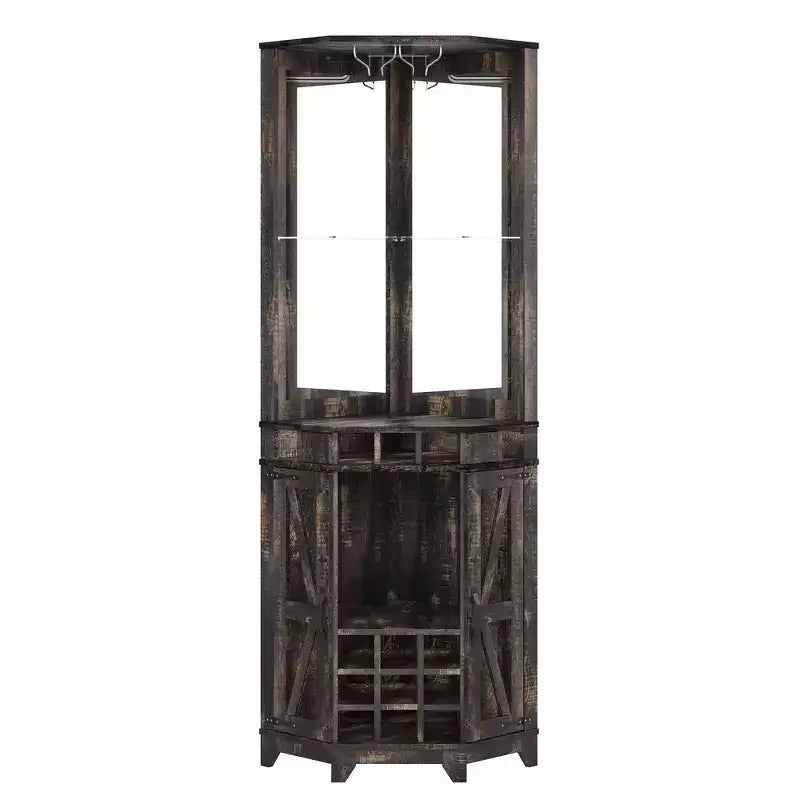 Whisen Farmhouse Corner Bar Cabinet with Wine Storage, Multifunctional Coffee Bar Buffet Sideboard