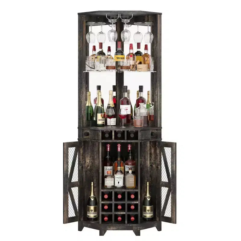 Whisen Farmhouse Corner Bar Cabinet with Wine Storage, Multifunctional Coffee Bar Buffet Sideboard