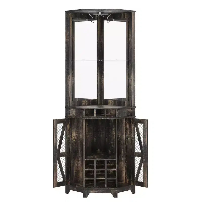 Whisen Farmhouse Corner Bar Cabinet with Wine Storage, Multifunctional Coffee Bar Buffet Sideboard