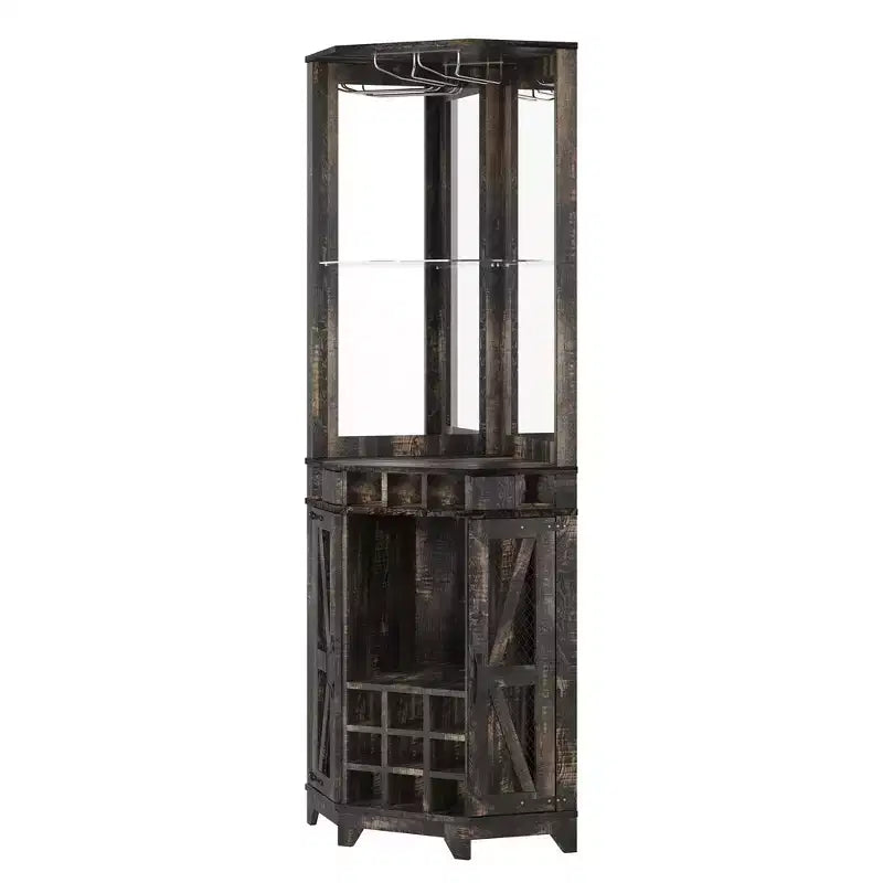 Whisen Farmhouse Corner Bar Cabinet with Wine Storage, Multifunctional Coffee Bar Buffet Sideboard