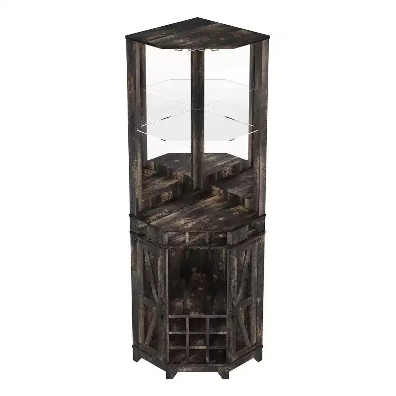 Whisen Farmhouse Corner Bar Cabinet with Wine Storage, Multifunctional Coffee Bar Buffet Sideboard