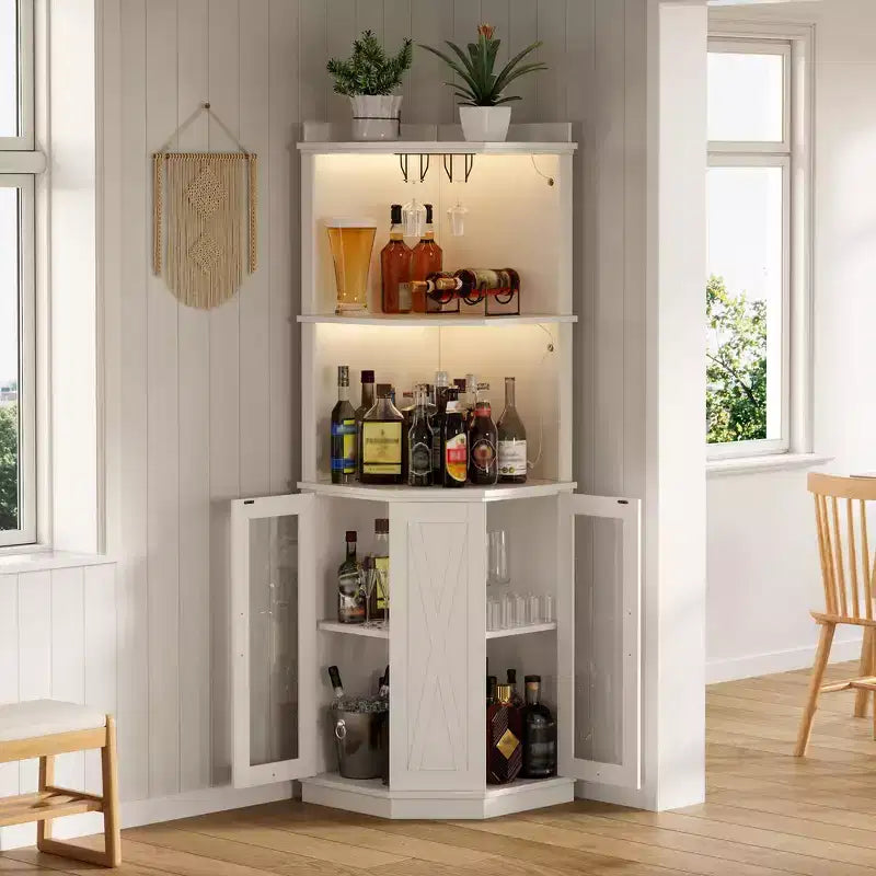 Whisen Farmhouse Corner Bar Cabinet with Wine Storage, Multifunctional Coffee Bar Buffet Sideboard