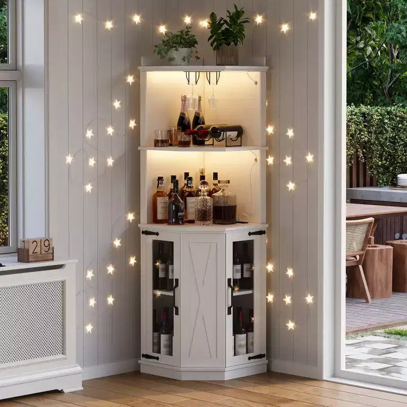 Whisen Farmhouse Corner Bar Cabinet with Wine Storage, Multifunctional Coffee Bar Buffet Sideboard