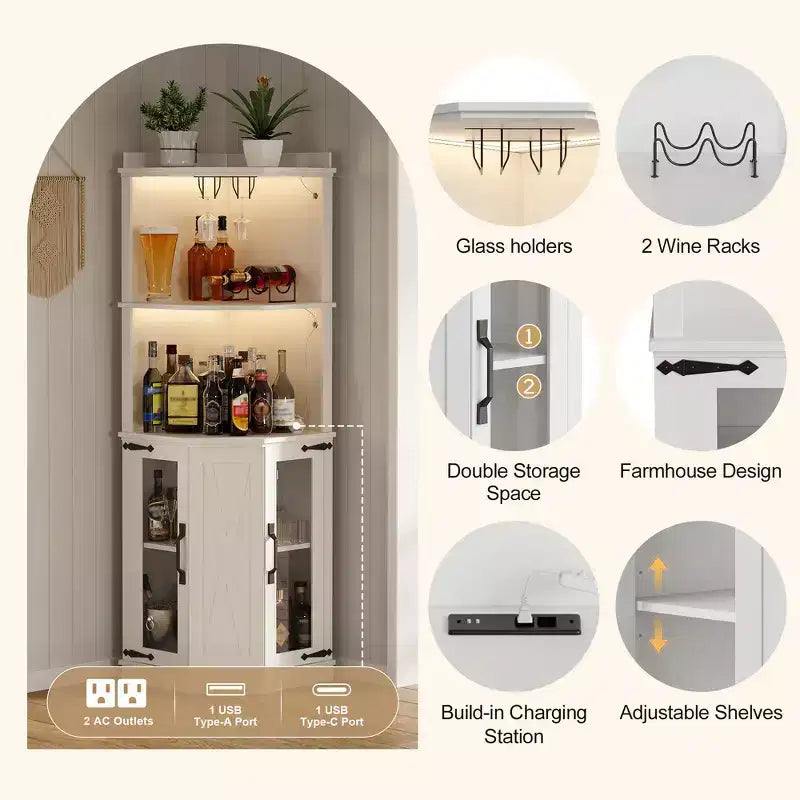 Whisen Farmhouse Corner Bar Cabinet with Wine Storage, Multifunctional Coffee Bar Buffet Sideboard