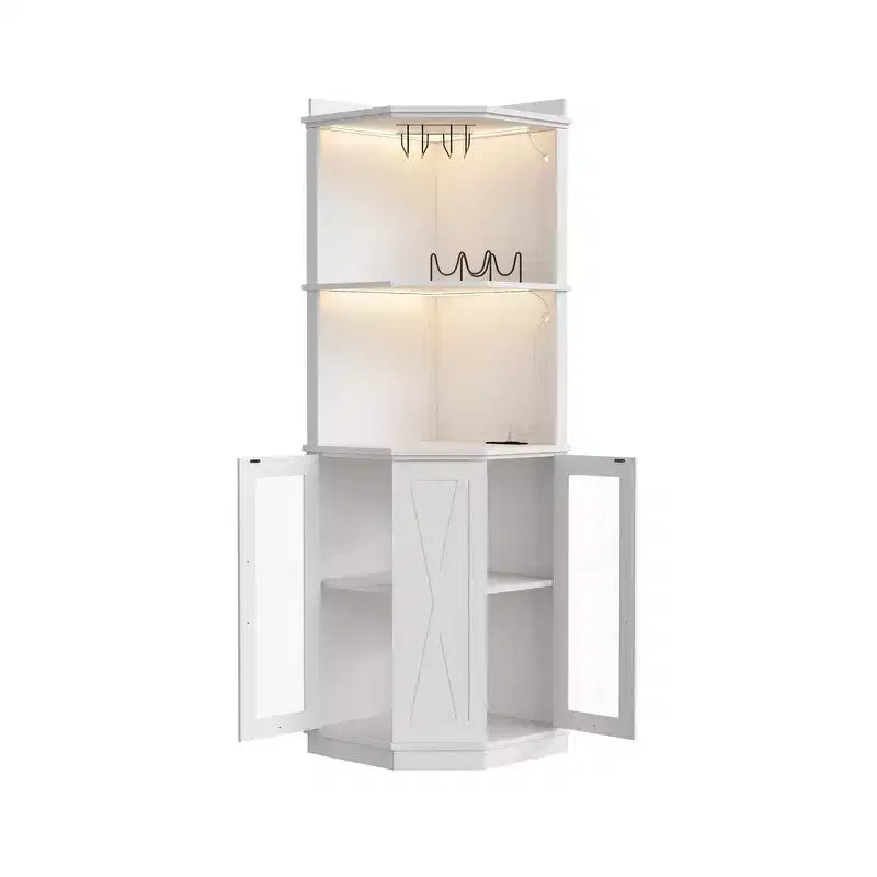 Whisen Farmhouse Corner Bar Cabinet with Wine Storage, Multifunctional Coffee Bar Buffet Sideboard