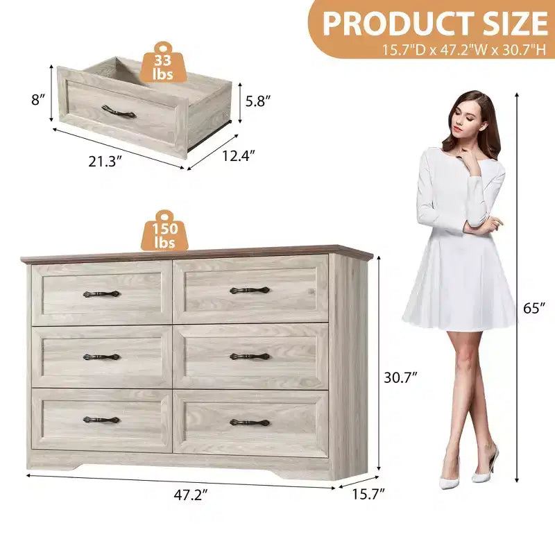 Farmhouse Modern 6-Drawer Dresser for Bedroom, Wooden Chest of Drawers with Wide Metal Handles, Natural Texture Organizer for Living Room & Kids