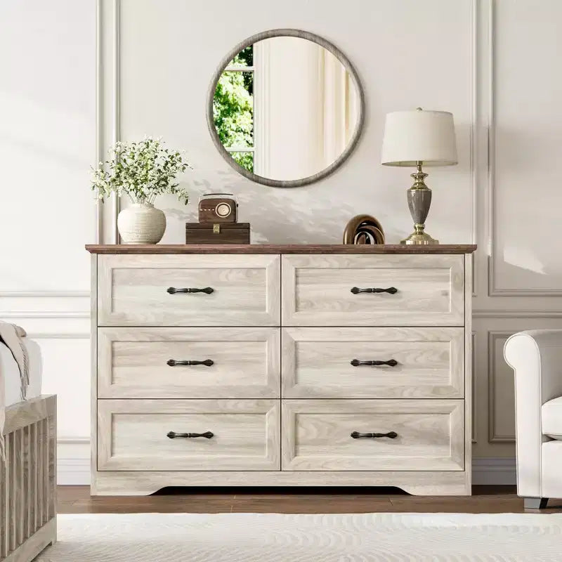 Farmhouse Modern 6-Drawer Dresser for Bedroom, Wooden Chest of Drawers with Wide Metal Handles, Natural Texture Organizer for Living Room & Kids