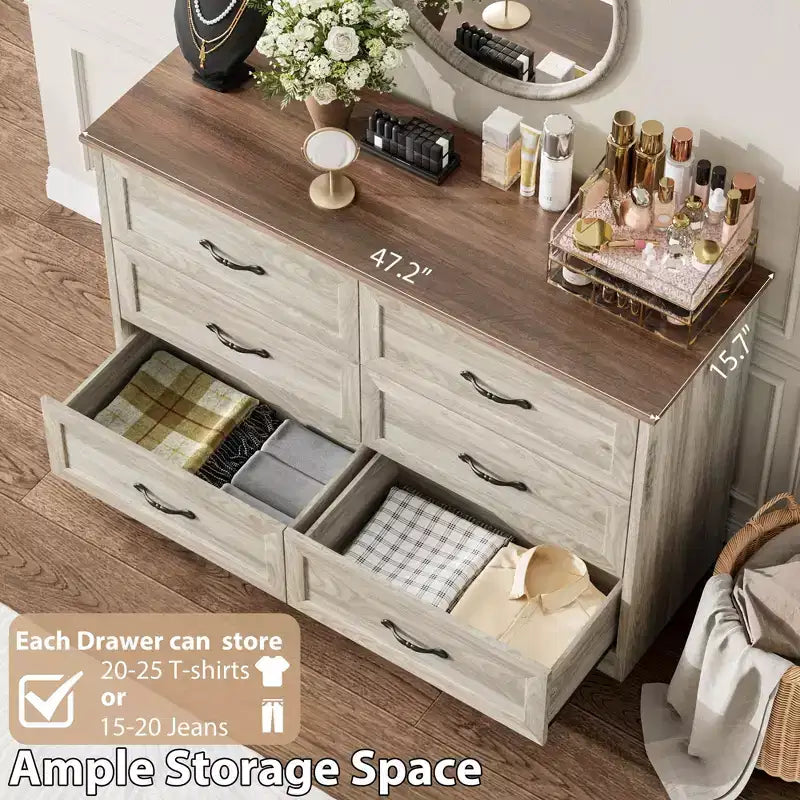 Farmhouse Modern 6-Drawer Dresser for Bedroom, Wooden Chest of Drawers with Wide Metal Handles, Natural Texture Organizer for Living Room & Kids