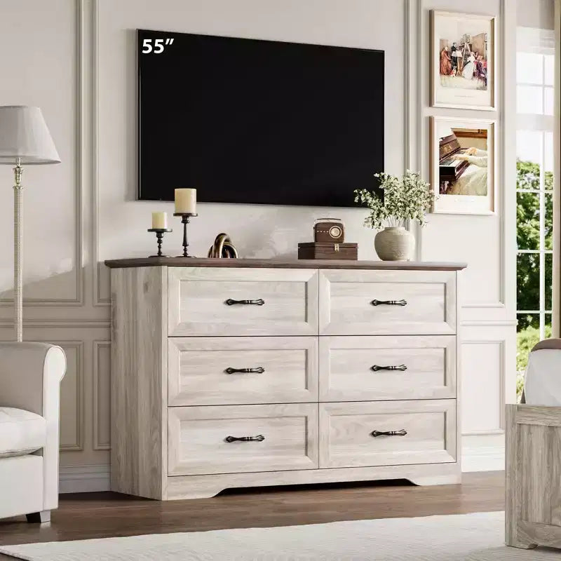 Farmhouse Modern 6-Drawer Dresser for Bedroom, Wooden Chest of Drawers with Wide Metal Handles, Natural Texture Organizer for Living Room & Kids