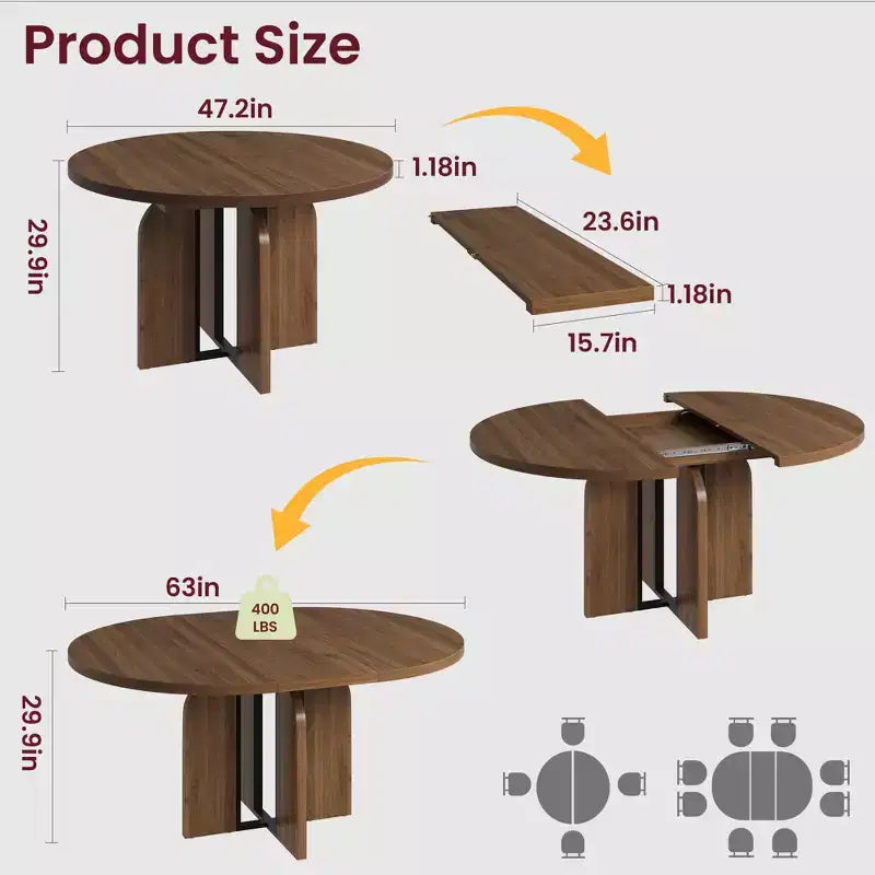 63 Extendable Round to Oval Wood Dining Table for 4-8, Farmhouse Kitchen Table with Thick Top & Arched Metal Legs for Dinner, Apartment