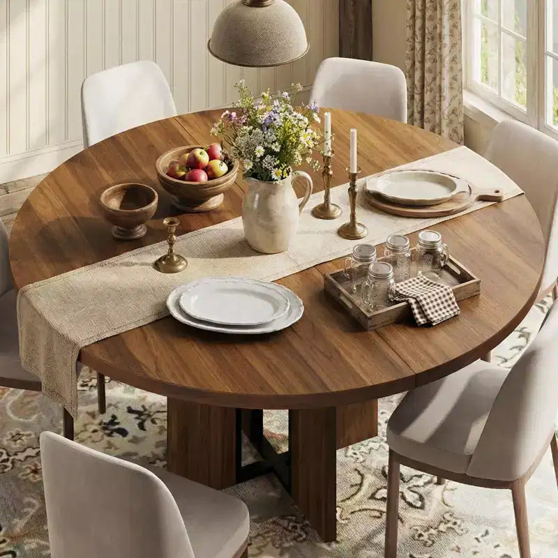 63 Extendable Round to Oval Wood Dining Table for 4-8, Farmhouse Kitchen Table with Thick Top & Arched Metal Legs for Dinner, Apartment