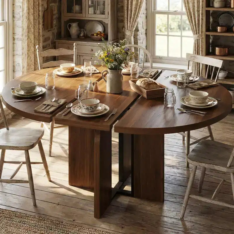 63 Extendable Round to Oval Wood Dining Table for 4-8, Farmhouse Kitchen Table with Thick Top & Arched Metal Legs for Dinner, Apartment