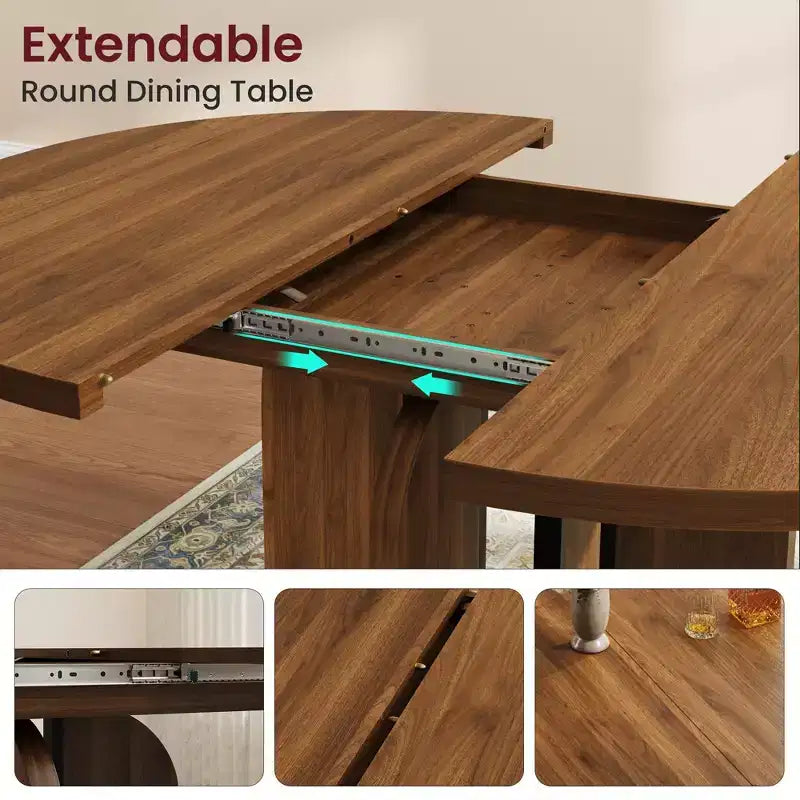 63 Extendable Round to Oval Wood Dining Table for 4-8, Farmhouse Kitchen Table with Thick Top & Arched Metal Legs for Dinner, Apartment