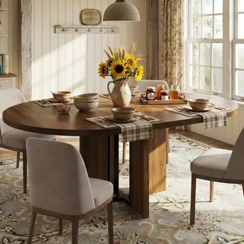 63 Extendable Round to Oval Wood Dining Table for 4-8, Farmhouse Kitchen Table with Thick Top & Arched Metal Legs for Dinner, Apartment