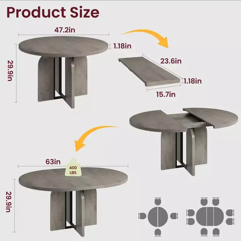 63 Extendable Round to Oval Wood Dining Table for 4-8, Farmhouse Kitchen Table with Thick Top & Arched Metal Legs for Dinner, Apartment
