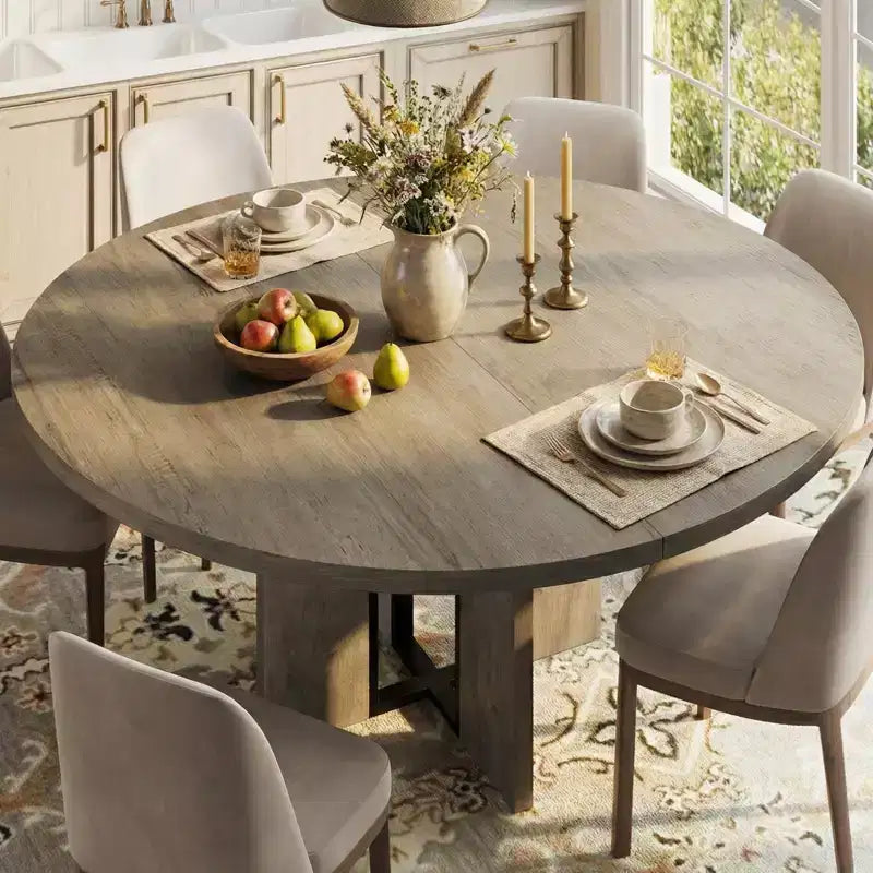63 Extendable Round to Oval Wood Dining Table for 4-8, Farmhouse Kitchen Table with Thick Top & Arched Metal Legs for Dinner, Apartment