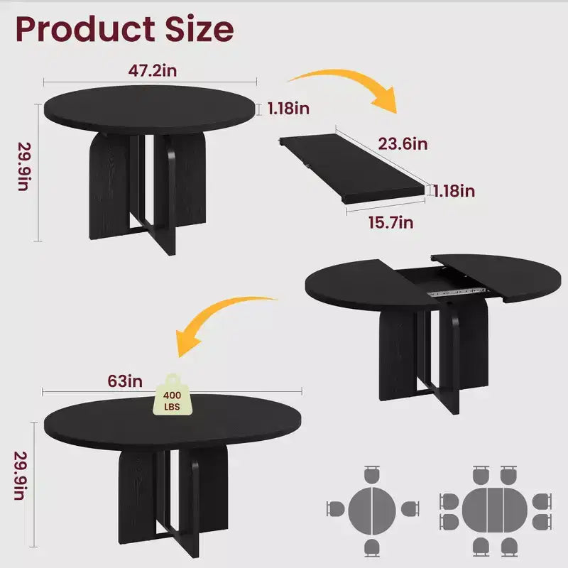 63 Extendable Round to Oval Wood Dining Table for 4-8, Farmhouse Kitchen Table with Thick Top & Arched Metal Legs for Dinner, Apartment