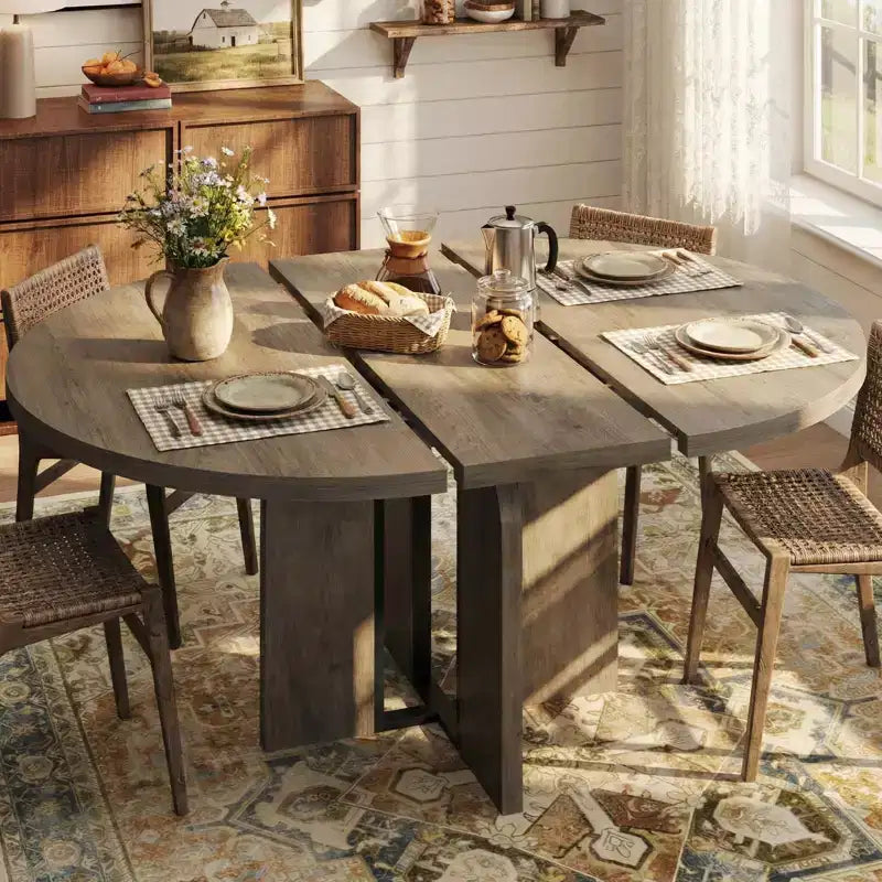 63 Extendable Round to Oval Wood Dining Table for 4-8, Farmhouse Kitchen Table with Thick Top & Arched Metal Legs for Dinner, Apartment