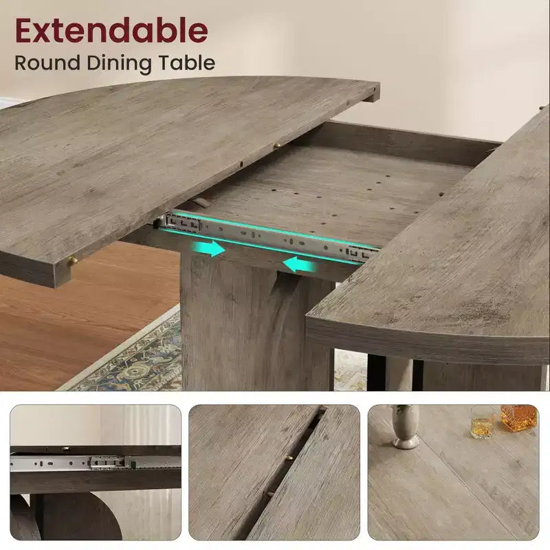 63 Extendable Round to Oval Wood Dining Table for 4-8, Farmhouse Kitchen Table with Thick Top & Arched Metal Legs for Dinner, Apartment