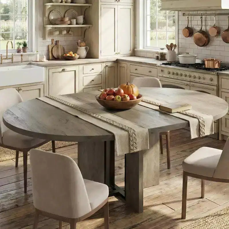 63 Extendable Round to Oval Wood Dining Table for 4-8, Farmhouse Kitchen Table with Thick Top & Arched Metal Legs for Dinner, Apartment