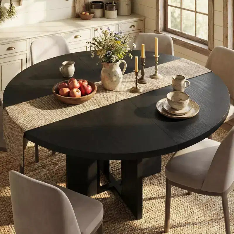 63 Extendable Round to Oval Wood Dining Table for 4-8, Farmhouse Kitchen Table with Thick Top & Arched Metal Legs for Dinner, Apartment