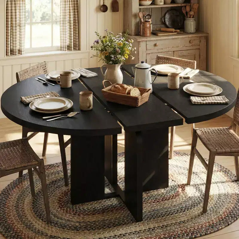 63 Extendable Round to Oval Wood Dining Table for 4-8, Farmhouse Kitchen Table with Thick Top & Arched Metal Legs for Dinner, Apartment