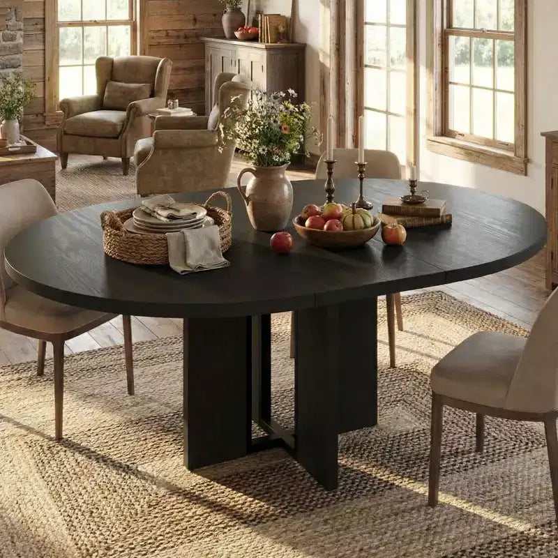 63 Extendable Round to Oval Wood Dining Table for 4-8, Farmhouse Kitchen Table with Thick Top & Arched Metal Legs for Dinner, Apartment