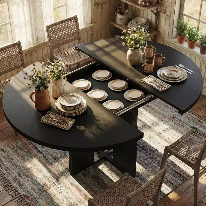 63 Extendable Round to Oval Wood Dining Table for 4-8, Farmhouse Kitchen Table with Thick Top & Arched Metal Legs for Dinner, Apartment