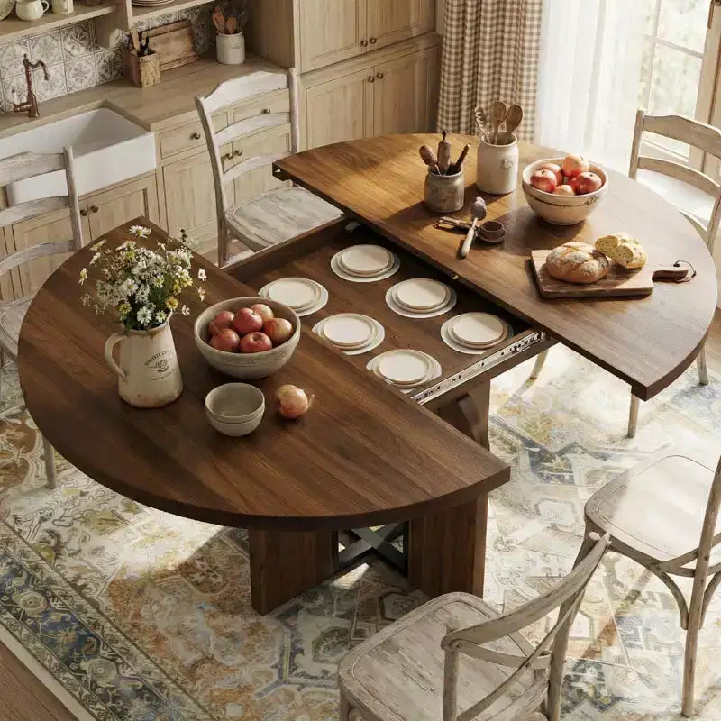 63 Extendable Round to Oval Wood Dining Table for 4-8, Farmhouse Kitchen Table with Thick Top & Arched Metal Legs for Dinner, Apartment