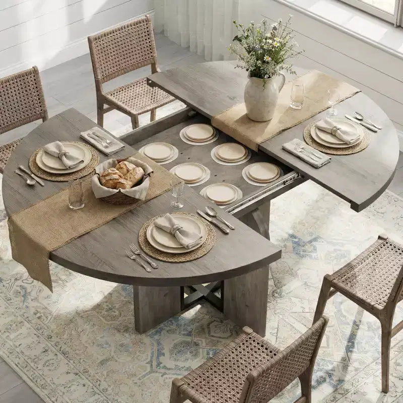 63 Extendable Round to Oval Wood Dining Table for 4-8, Farmhouse Kitchen Table with Thick Top & Arched Metal Legs for Dinner, Apartment