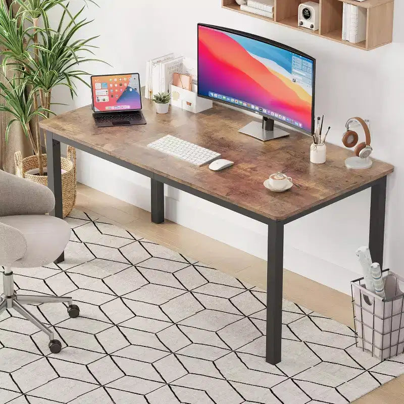 180cm Sturdy Desk for Office & Gaming,Industrial Wooden Dining Table for 4-6 with Metal Legs,Rustic Kitchen Table,Water Resistant & Scratch Resistant