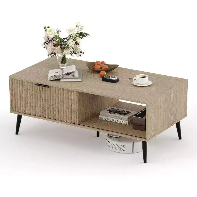 Coffee Table with Storage, 2-Tier Modern Rectangle Table with Sliding Door, sturdy Wood Legs, Large Living Room Center Table, Farmhouse Style