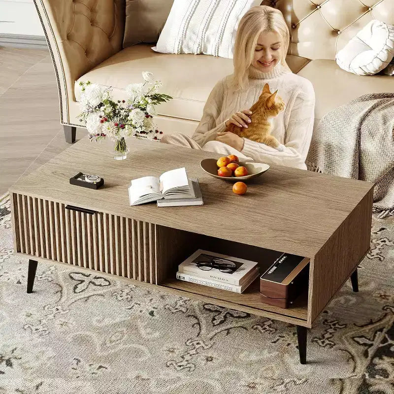 Coffee Table with Storage, 2-Tier Modern Rectangle Table with Sliding Door, sturdy Wood Legs, Large Living Room Center Table, Farmhouse Style