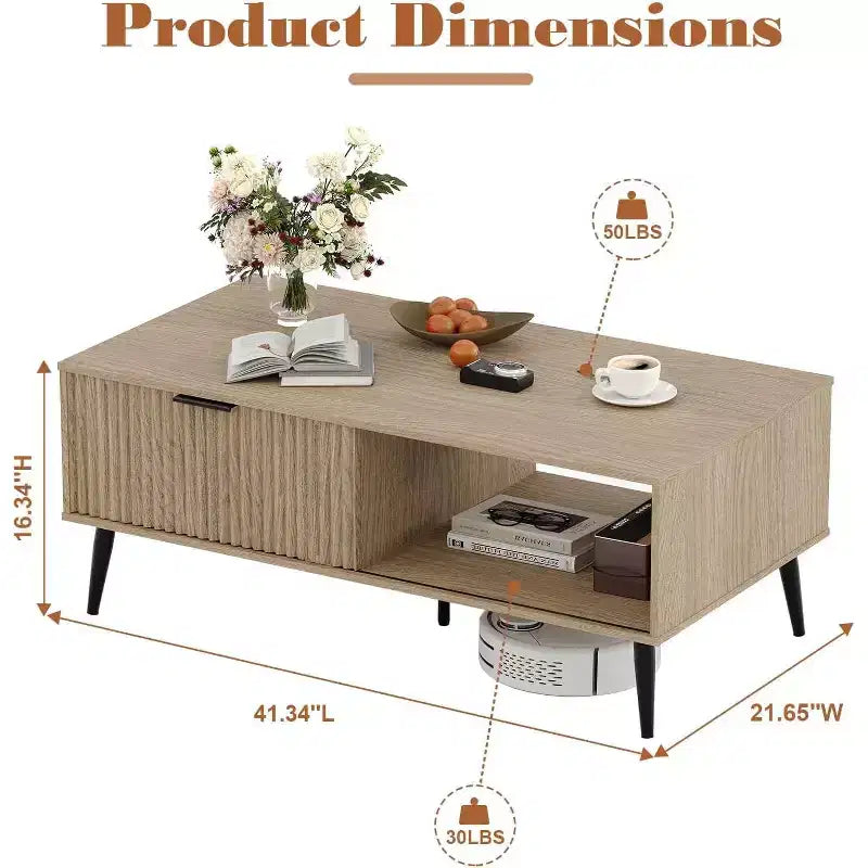 Coffee Table with Storage, 2-Tier Modern Rectangle Table with Sliding Door, sturdy Wood Legs, Large Living Room Center Table, Farmhouse Style