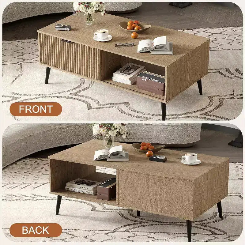 Coffee Table with Storage, 2-Tier Modern Rectangle Table with Sliding Door, sturdy Wood Legs, Large Living Room Center Table, Farmhouse Style