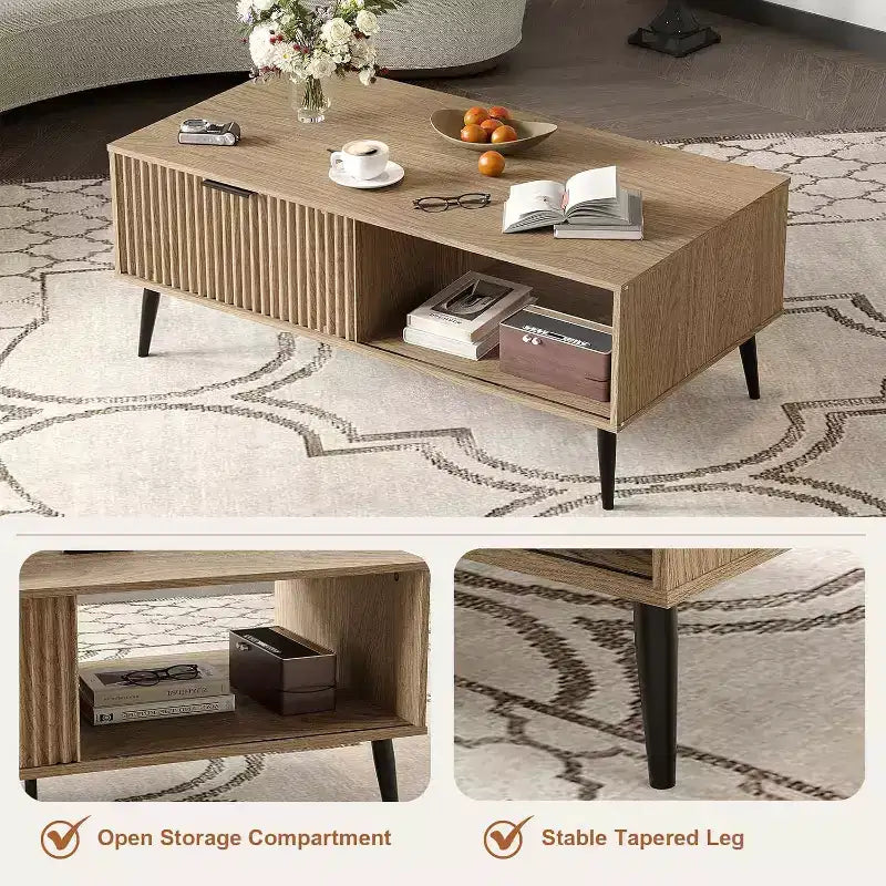 Coffee Table with Storage, 2-Tier Modern Rectangle Table with Sliding Door, sturdy Wood Legs, Large Living Room Center Table, Farmhouse Style