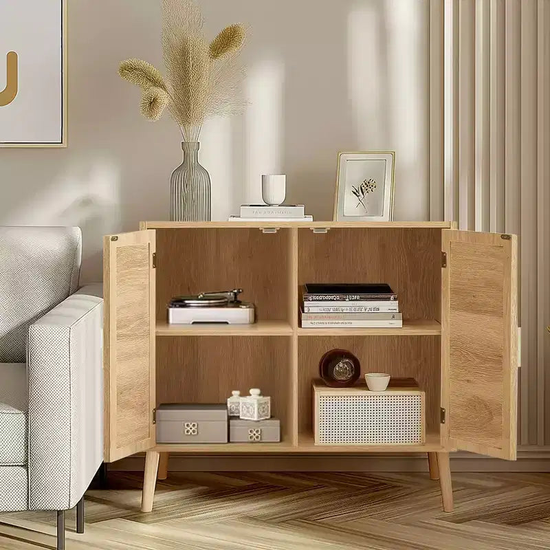 GDFStudio Drusi Wood and Rattan 2-Door Sideboard Cabinet with Storage Shelves