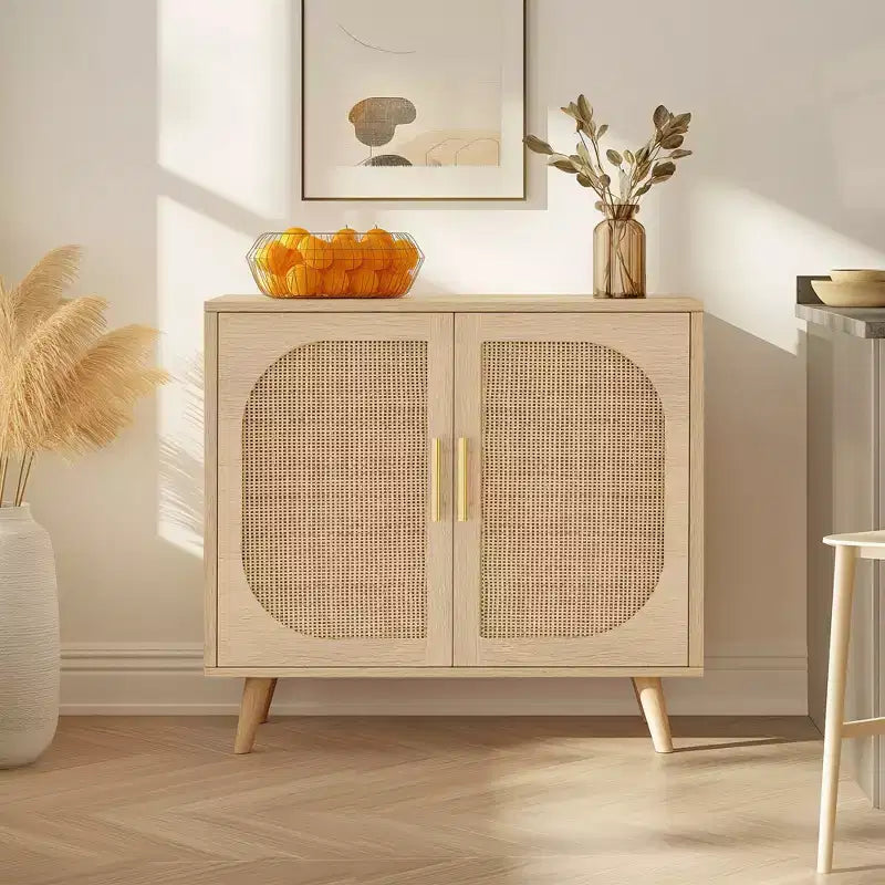 GDFStudio Drusi Wood and Rattan 2-Door Sideboard Cabinet with Storage Shelves