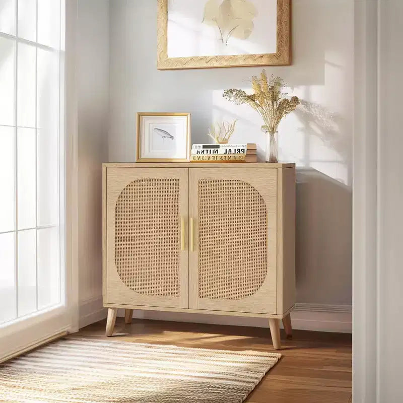 GDFStudio Drusi Wood and Rattan 2-Door Sideboard Cabinet with Storage Shelves