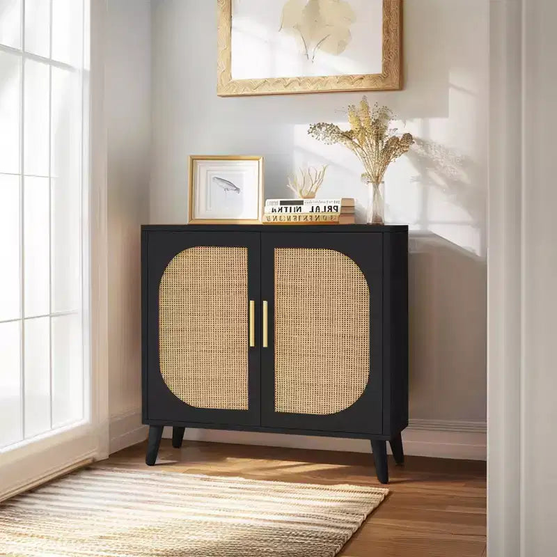 GDFStudio Drusi Wood and Rattan 2-Door Sideboard Cabinet with Storage Shelves