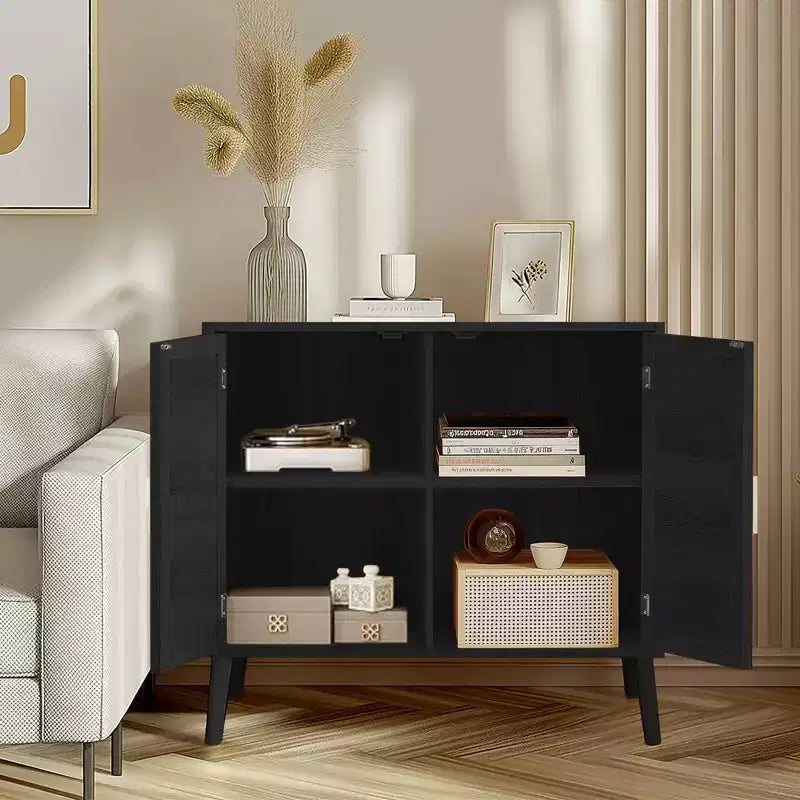 GDFStudio Drusi Wood and Rattan 2-Door Sideboard Cabinet with Storage Shelves