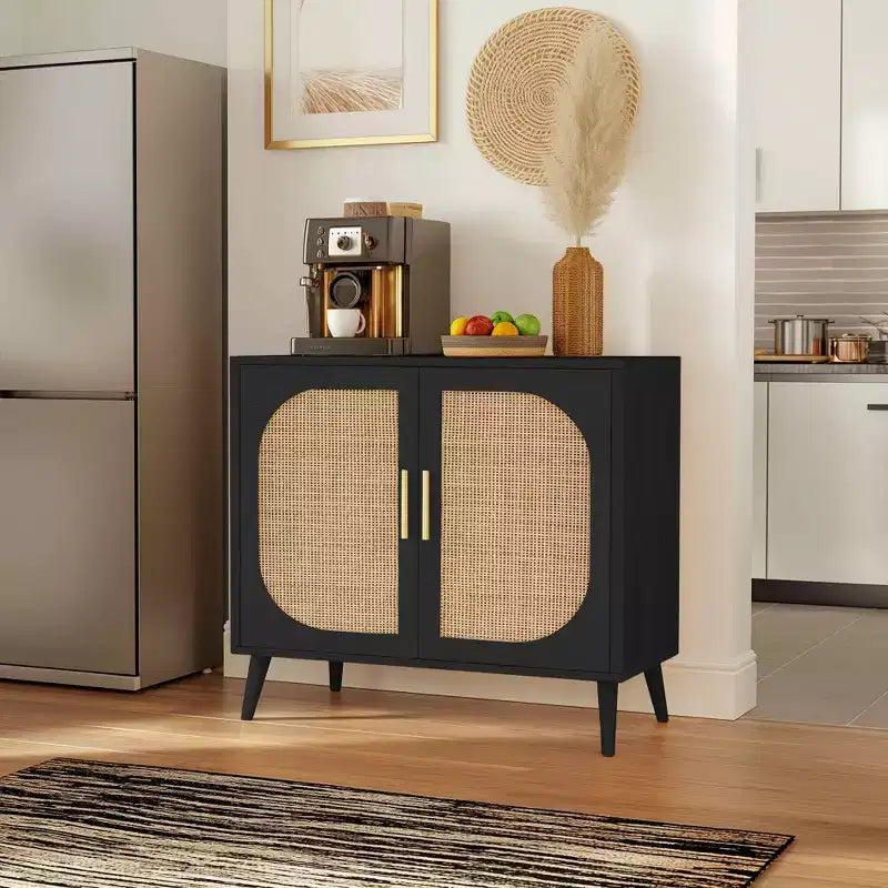 GDFStudio Drusi Wood and Rattan 2-Door Sideboard Cabinet with Storage Shelves