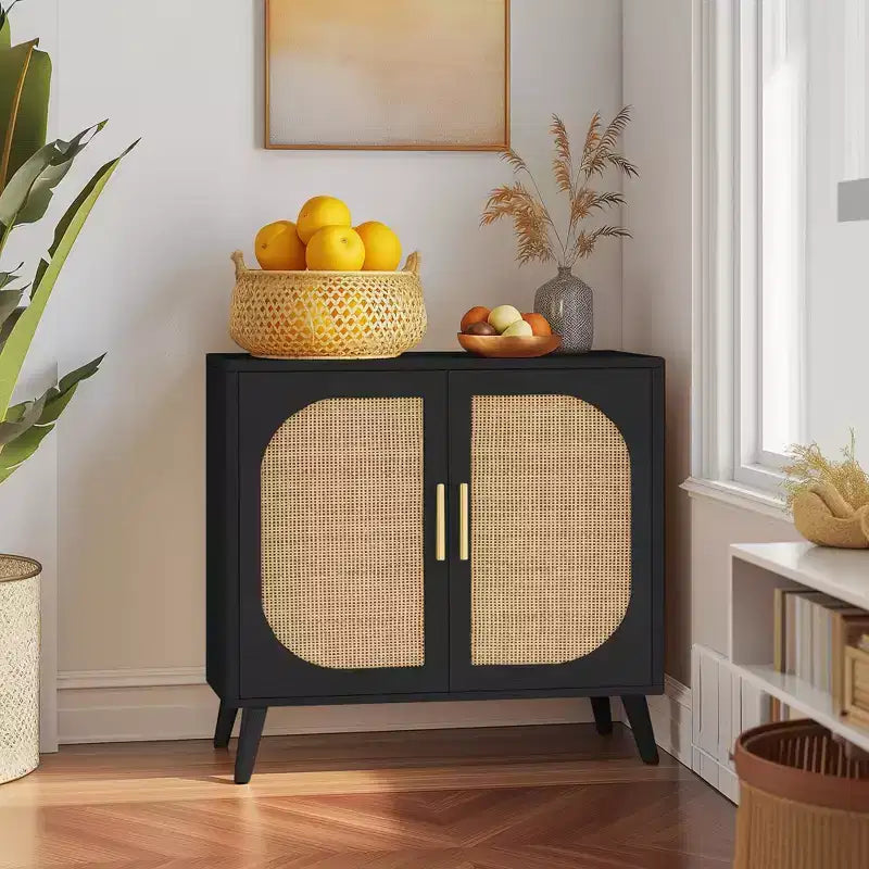 GDFStudio Drusi Wood and Rattan 2-Door Sideboard Cabinet with Storage Shelves