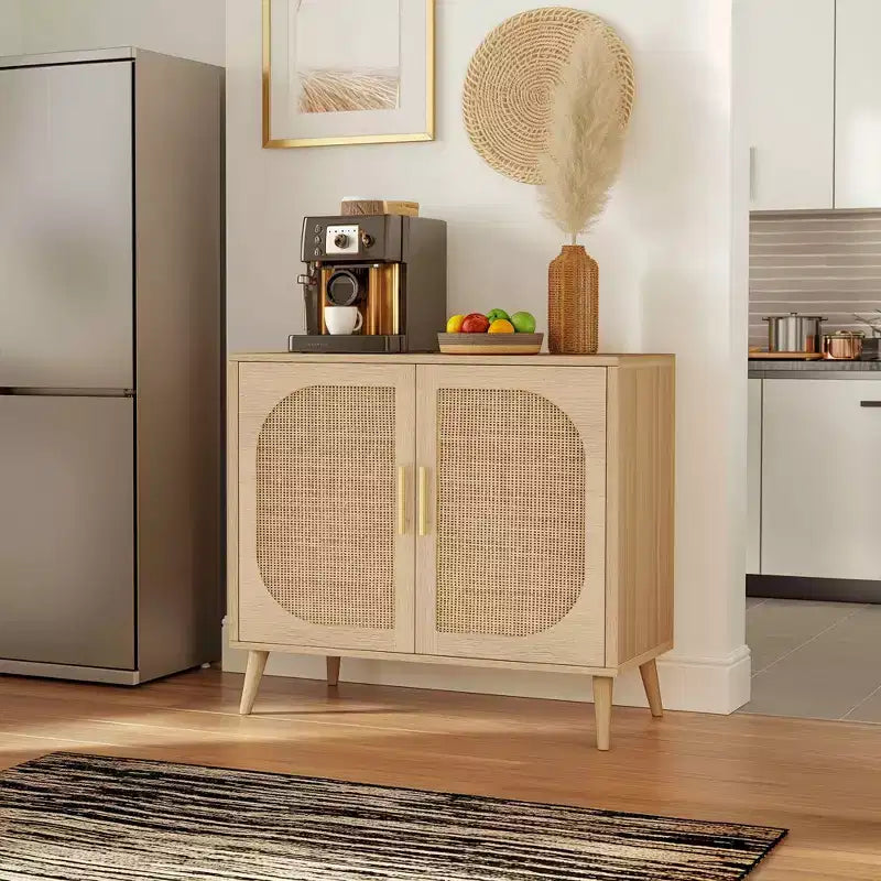 GDFStudio Drusi Wood and Rattan 2-Door Sideboard Cabinet with Storage Shelves