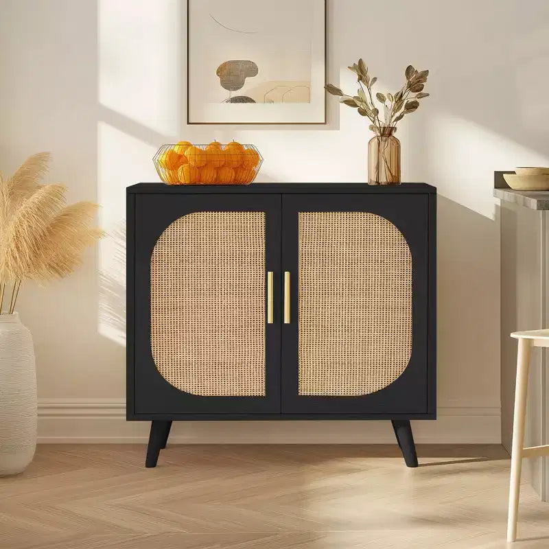 GDFStudio Drusi Wood and Rattan 2-Door Sideboard Cabinet with Storage Shelves
